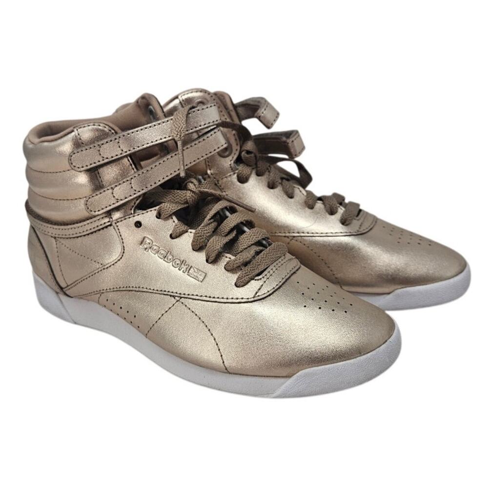 Reebok 7.5 Freestyle Hi Metallic Rose Gold Sneaker Retro Leather Glam Casual